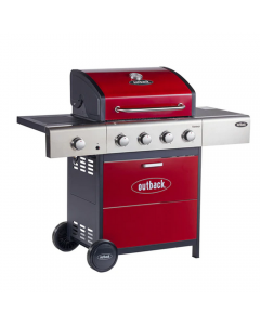 Outback Meteor hooded 4 burner gas barbecue finished in stunning red