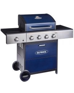Outback Meteor 4 burner hooded gas BBQ in blue