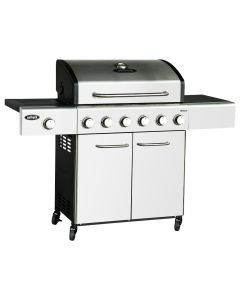 Outback Meteor 6 BBQ with sear side burner. Stainless steel hood with mild steel painted end panels on the BBQ hood.