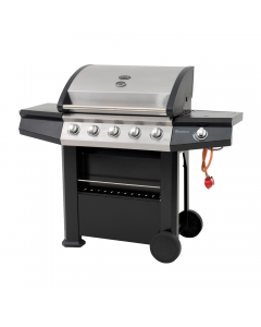 Large 5 burner gas BBQ with side shelf and large grilling hood with built in thermometer.